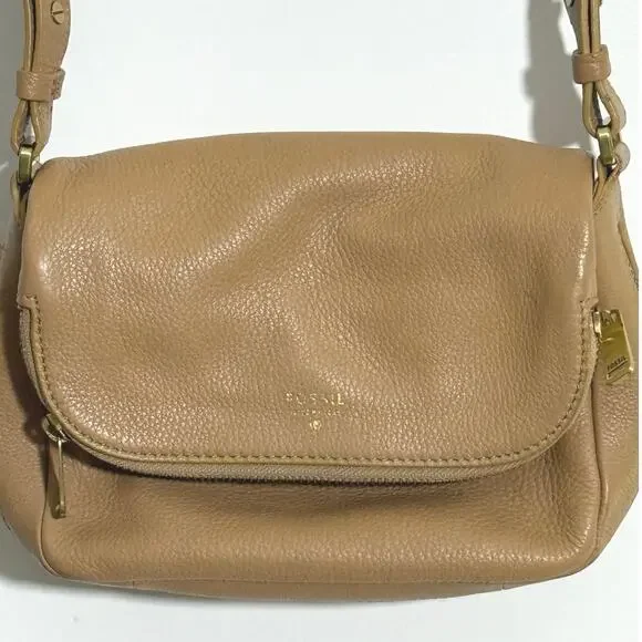 Fossil Leather Preston Small Flap Crossbody Handbag Tan Latte Khaki - Picture 3 of 9